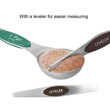 A Deal Society Magnetic Dual Sided Measuring Stainless Steel Spoon is leveled with the included Leveler for precise measuring. The text reads: With a leveler for easier measuring. Set of 8.