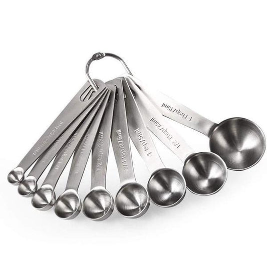 The Deal Society Stainless Steel Measuring Spoons with Ring Holder – Set of 9 features engraved handles and a sturdy metal ring that keeps the spoons organized and together.