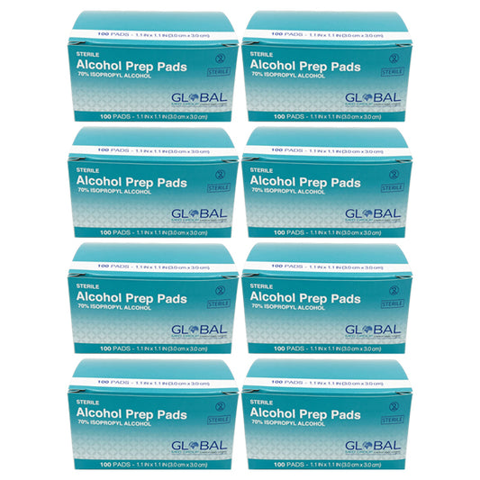 Eight packs of Global Med Group sterile alcohol prep pads, each with 100 antiseptic pads (70% isopropyl, 3x3cm), are stacked together—totaling 800 pads.