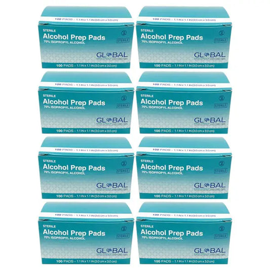 Eight packs of Global Med Group sterile alcohol prep pads, each with 100 antiseptic pads (70% isopropyl, 3x3cm), are stacked together—totaling 800 pads.