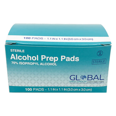 A blue box of Global Med Group 8 Pack - Sterile Alcohol Prep Pads, 70% isopropyl, 3x3cm each, includes 800 pads total for effective antiseptic cleansing.
