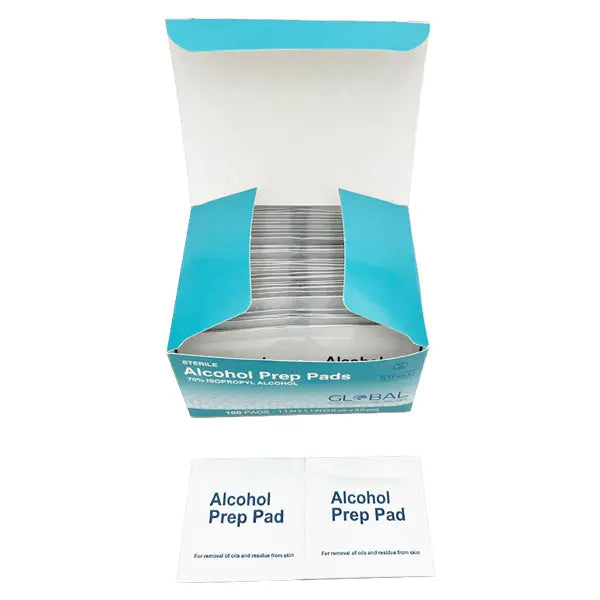 An open box of Global Med Group 8 Pack Sterile Alcohol Prep Pads, 70% isopropyl, 3x3cm, with two individually wrapped pads in front—ideal for antiseptic use. Each pack contains 100 pads, totaling 800 pads.