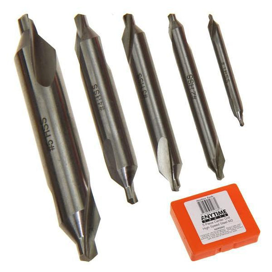 Five Anytime Tools center drill countersink mill bits in assorted sizes are lined up next to an orange storage case, perfect for creating starter holes or precise pilot marking when using a lathe.