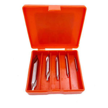 The Anytime Tools 5 Center Drill Countersink Mill Tooling Lathe Bit Set features five HSS bits in an orange plastic case with individual slots, ideal for center holes or starter bits. Lid pictured open.