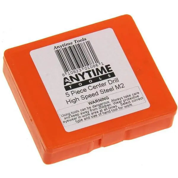 An orange plastic case labeled Anytime Tools 5 Center Drill Countersink Mill Tooling Lathe Bit Set, ideal for center holes or as a starter bit. The white label shows a barcode and tool safety warning. Brand: Anytime Tools.