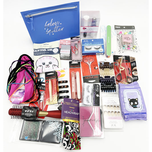 A Deal Society Beauty/Makeup Tools Mixed Lot (40 pcs) featuring Beauty 360 and more, includes hair and nail care accessories, headbands, false eyelashes, plus a blue Glow Getter pouch—all arranged on a white surface.