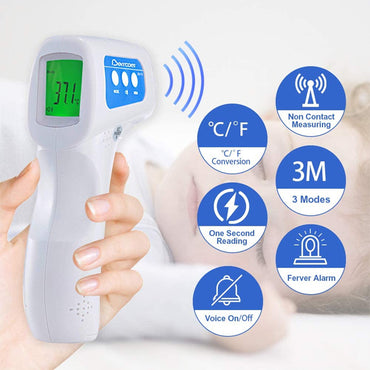 A hand holds the Berrcom Non-Contact 6-in-1 Infrared Thermometer Model JXB-178 displaying 37.1°C, with a sleeping child in the background and feature icons on the right, emphasizing its accurate body temperature measurement.