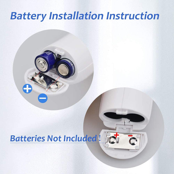 Instructional image showing how to install two AA batteries (not included) into the Berrcom Non-Contact 6-in-1 Infrared Thermometer Model JXB-178, with marked positive and negative terminals.
