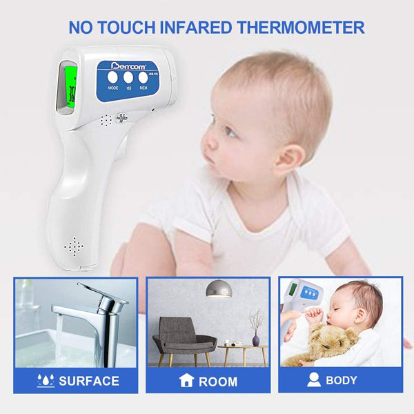 A baby sits on the floor beside a Berrcom Non-Contact 6-in-1 Infrared Thermometer Model JXB-178, with icons displaying its surface, room, and body temperature measurement modes.