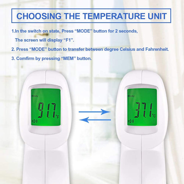 Two digital thermometers show 91.7°F and 37.1°C side by side, with instructions above on switching units on the Berrcom Non-Contact 6-in-1 Infrared Thermometer Model JXB-178 for accurate body temperature readings.