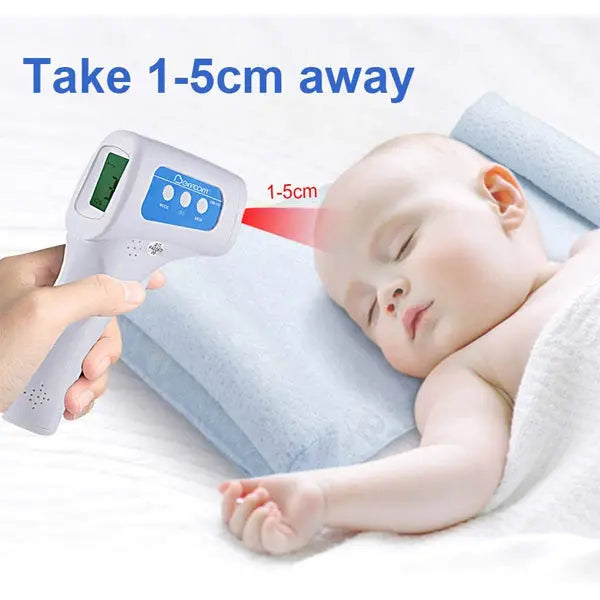 The Berrcom Non-Contact 6-in-1 Infrared Thermometer Model JXB-178 allows you to measure body temperature from 1–5 cm away, making it easy to check a sleeping babys temperature without waking them.