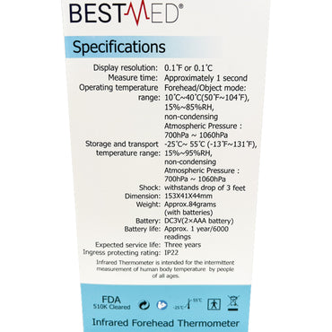 Close-up of the specifications label for the BESTMED 1 Second Infrared Thermometer for Children & Adults Forehead DET-306, detailing technical info like display resolution, operating temperature, and battery type.
