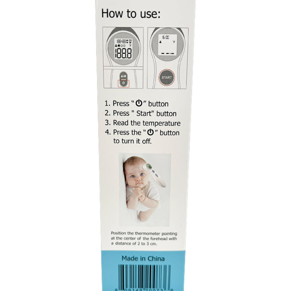 Instructions for using the BESTMED 1 Second Infrared Thermometer for Children & Adults Forehead DET-306 by BESTMED, with a diagram, step-by-step guide, and a photo showing temperature measurement on a baby.