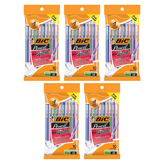 Five packs of BIC Xtra Sparkle Mechanical Pencils (#2), 10 pencils per pack, 0.7mm fine point for precise writing.
