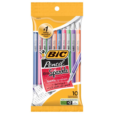 A 5 Pack of BIC Xtra Sparkle Mechanical Pencils, each pack with 10 #2 pencils (0.7mm), featuring assorted sparkly designs—perfect for tests and everyday writing.
