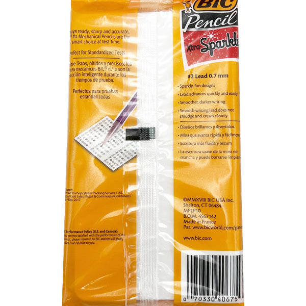 Back of a BIC 5 Pack Xtra Sparkle Mechanical Pencil (0.7mm #2, 10 ct each) package showing product info, barcode, and a white zippered pouch attached in the center. Great for precise writing.