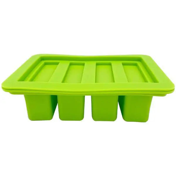 The Deal Society Gourmet Silicone Butter Mold with Lid is a BPA-free, non-stick green tray featuring 4 rectangular cavities, perfect for easy release and making butter or ice pops.