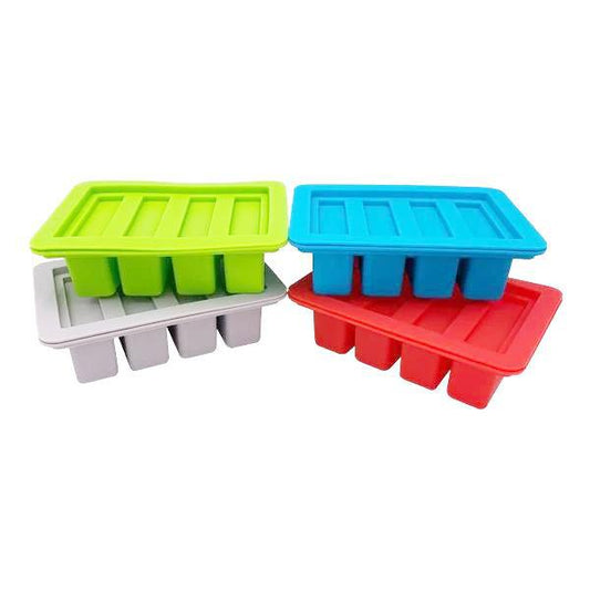 The Deal Society Gourmet Silicone Butter Mold features a rectangular tray with 4 cavities, each with a lid. Made from BPA-free, non-stick silicone for easy release and cleaning. Comes in green, blue, gray, and red; stackable against a white background.