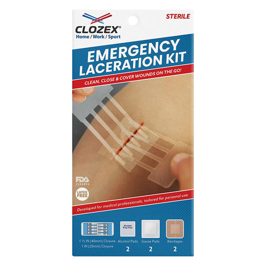 A person uses the Clozex Emergency Laceration Kit - Complete Kit to Clean, Close, and Cover Wounds as a painless alternative to stitches on their arm; Clozex packaging and kit contents are shown.