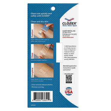 Back of a Clozex Emergency Laceration Kit package displaying illustrated instructions to clean, close, and cover wounds—painless alternatives to stitches—plus manufacturer info and a Made in USA label.