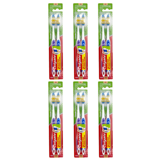 Six packs of Colgate Classic Clean Full Head Soft Toothbrushes (brand: Colgate) are shown, totaling 12 soft toothbrushes.