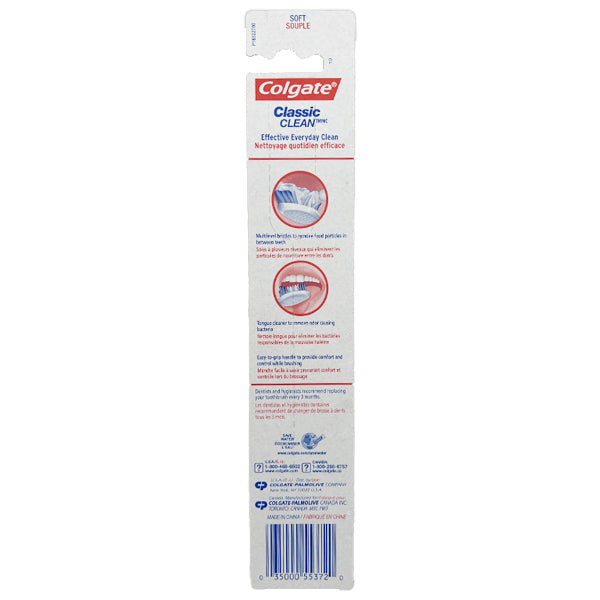 Back of Colgate Classic Clean Full Head Soft Toothbrush (Lot of 6, 12 total) packaging with product info, usage instructions, and manufacturing details in English and French. Features soft multilevel bristles for a thorough clean.