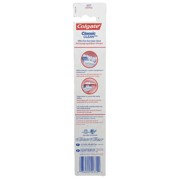 Back of Colgate Classic Clean Full Head Soft Toothbrush (Lot of 6, 12 total) packaging with product info, usage instructions, and manufacturing details in English and French. Features soft multilevel bristles for a thorough clean.