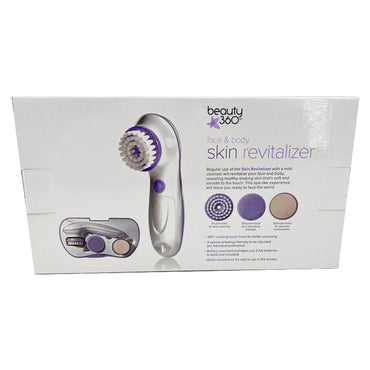 The Conair Beauty 360 Face & Body Skin Revitalizer Brush 2 Pack features a 360° rotating brush, two brush heads, and a water-resistant design for easy cleansing. Product details appear in purple text in the image.