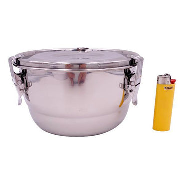 The CVault 2 Liter Humidity Control Airtight Metal Stash Smell Proof Container by CVault is shown beside a yellow BIC lighter for size reference—ideal for curing and storing items with odor control.