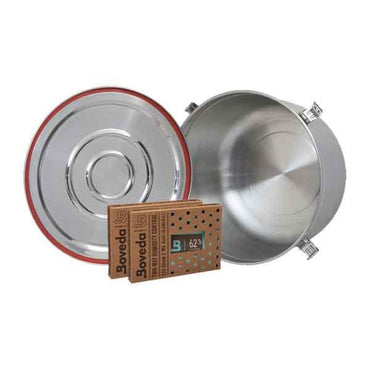 The CVault 50 Liter Humidity Control Airtight Metal Stash Container by CVault is a food-grade stainless steel container with an airtight, removable lid, shown open beside two Boveda humidity control packs in cardboard packaging.