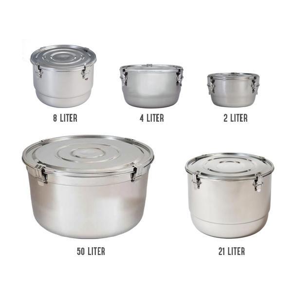Five CVault Humidity Control Airtight Metal Smell Proof Containers (2, 4, 8, 21, and 50 liters) by CVault, each with a fitted lid for airtight storage, are displayed against a plain background.