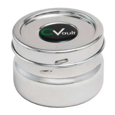 The CVault Twist Small is a round, 304 stainless steel airtight cannabis container with a secure lid and black label on top showing CVault in white and green text.