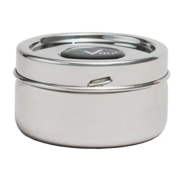 The CVault Twist Small Humidity Control Airtight Metal Smell Proof Container by CVault is a portable, 304-stainless steel storage solution with a secure lid, side latch, and top logo—perfect for discreet cannabis storage.