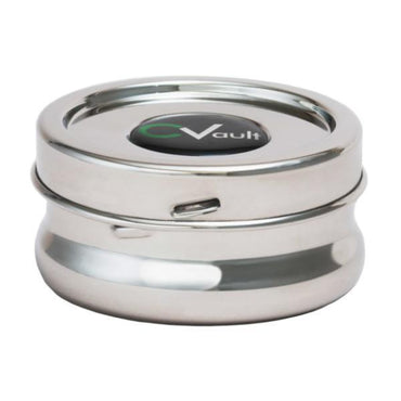 The CVault Twist X-small is a portable, round stainless steel airtight container with humidity control, a smell-proof design, tight-sealing lid, and black CVault logo—perfect for personal storage needs.