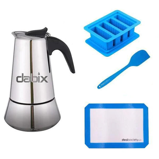 The Dabix Labs 1 Stick Herbal Butter Maker Bundle by Dabix Labs, featuring a stainless steel stovetop maker, blue silicone ice cube tray, blue spatula, and blue-edged baking mat, is shown on a white background for easy homemade infused butter.