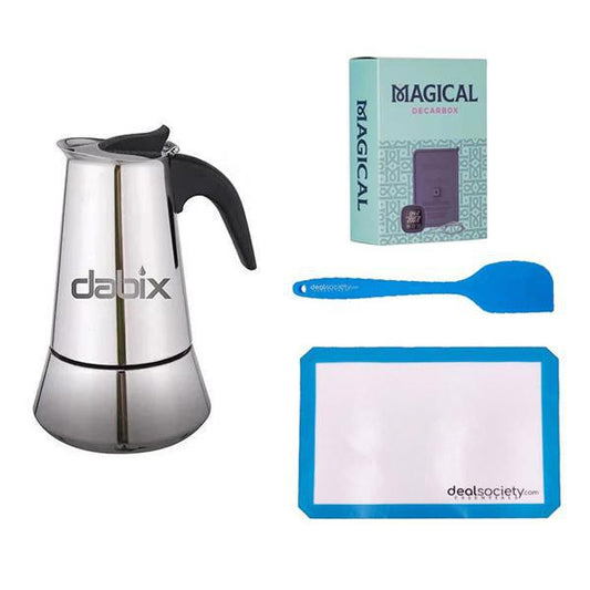 A stainless steel stovetop espresso maker, a blue silicone spatula, a blue and white silicone baking mat, and the Dabix Labs 2 Stick Herbal Butter Maker Bundle with Magical Butter Decarbox kitchen tool set.