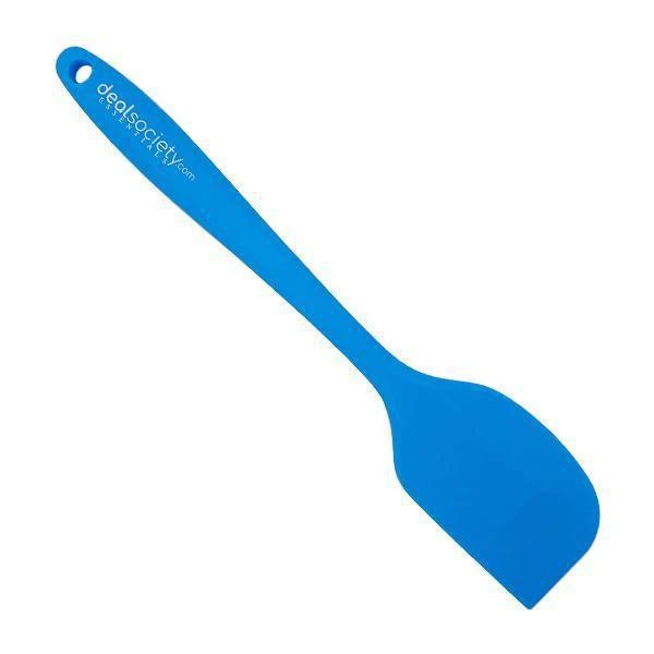 A blue silicone spatula with a flat, flexible blade and handle hole, perfect for use with your Dabix Labs 2 Stick Herbal Butter Maker Bundle w/ Magical Butter Decarbox, featuring dealsociety.com text.