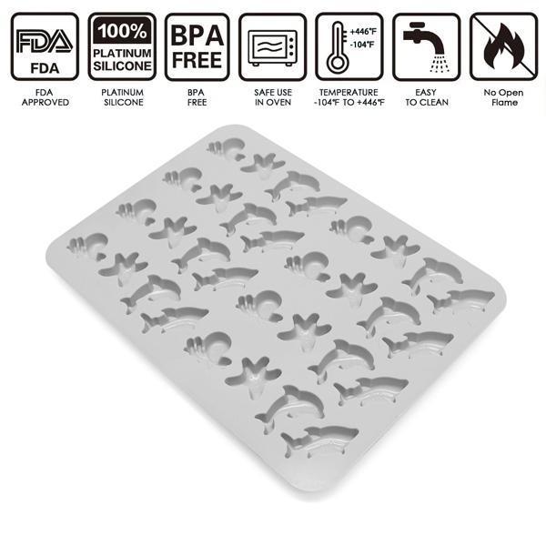 The Deal Society Silicone Gummy Mold 3 Pack features white, animal-shaped silicone trays, ideal for making gummies. FDA approved, BPA free, oven safe, easy to clean—do not use with open flames.