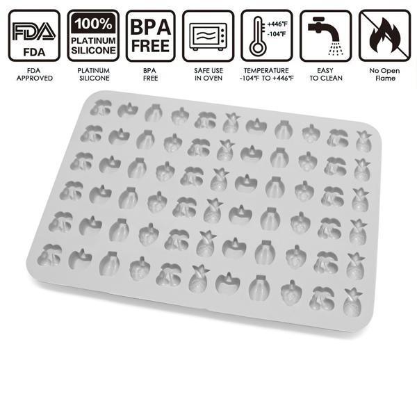 The Deal Society Silicone Gummy Mold 3 Pack features white, platinum silicone molds with 55 fruit-shaped cavities. FDA approved, BPA-free, and heat resistant—perfect as candy or gummy molds for your kitchen.