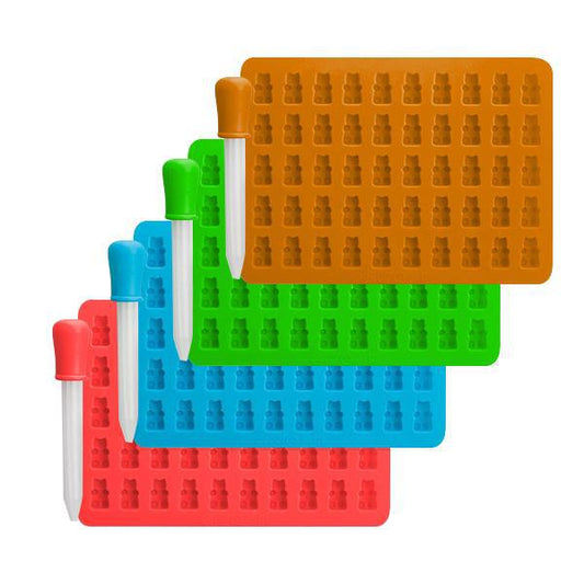 Deal Society’s Silicone Gummy Bear Mold 3 Pack includes BPA free, FDA approved molds in orange, green, and blue with matching droppers, displayed stacked on a white background.