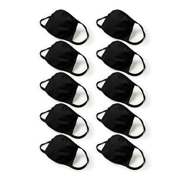 Ten Hanes Cotton Fabric Reusable Washable Comfortable Face Masks (black, 2-pack) are displayed in four rows on a white background.