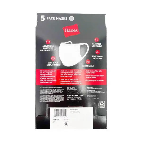 Back of a Hanes Cotton Fabric Reusable Washable Comfortable Face Mask - 2 Pack shows product features, care instructions, image of a white mask; labeled for 2 washable, reusable masks by Hanes made with moisture-wicking cotton fabric.