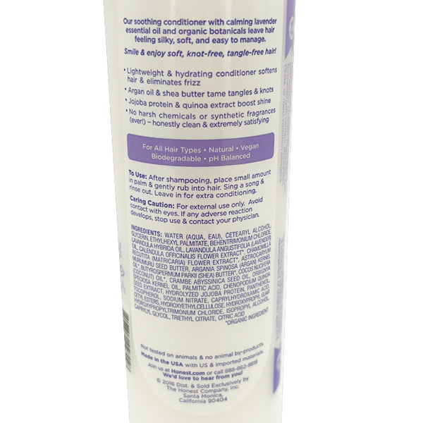 Back label of The Honest Company Conditioner, Ultra Calming Lavender (2 Pack, 10 Fl. Oz.) with product description, usage instructions, silicone-free ingredients, and manufacturer details.