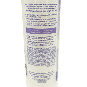 Back label of The Honest Company Conditioner, Ultra Calming Lavender (2 Pack, 10 Fl. Oz.) with product description, usage instructions, silicone-free ingredients, and manufacturer details.