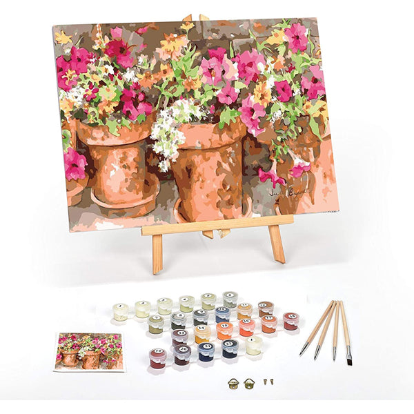 The Ledgebay Paint by Numbers Kit for Adults – Sweet Petunias features licensed potted flower art on a 16 x 20 framed canvas, with paint pots, brushes, and hardware included and neatly arranged in front.