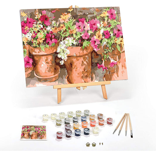The Ledgebay Paint by Numbers Kit for Adults – Sweet Petunias features licensed potted flower art on a 16 x 20 framed canvas, with paint pots, brushes, and hardware included and neatly arranged in front.