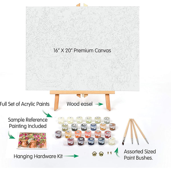 The Ledgebay Paint by Numbers Kit for Adults - Sweet Petunias 16x20 Framed Painting includes acrylic paints, brushes, hanging hardware, and a sample reference inspired by licensed art—everything you need to create beautiful wall décor.