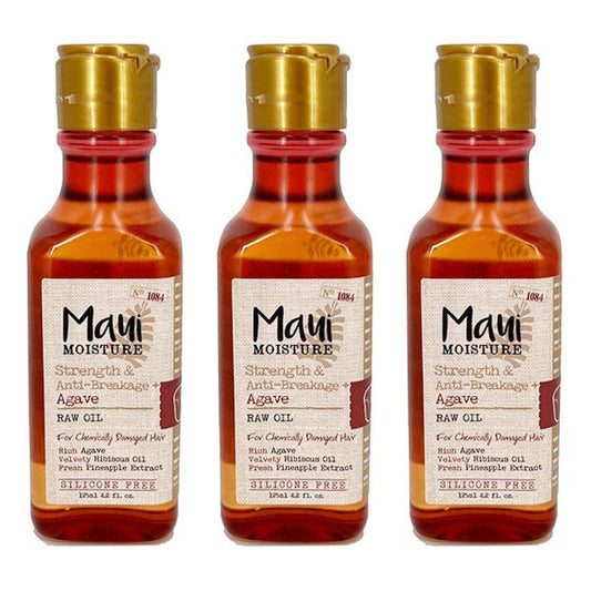 Get a 3-pack of Maui Moisture Strength & Anti-Breakage + Agave Raw Oil (4.2 oz each). This vegan, silicone-free formula nourishes curls; comes in orange-brown bottles with gold caps for naturally healthy hair.