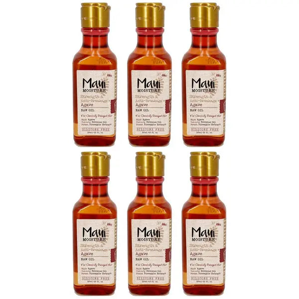 Six bottles of Maui Moisture Strength & Anti-Breakage + Agave Raw Oil, 4.2 oz each, with gold caps and brown labels arranged in two rows. This vegan, silicone-free formula hydrates and strengthens hair for healthier-looking curls.