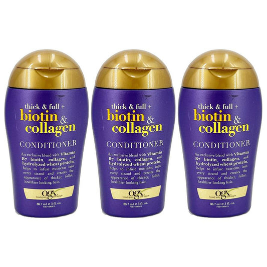 Three bottles of OGX Thick & Full + Biotin & Collagen Conditioner, 3-ounce size, are displayed side by side.